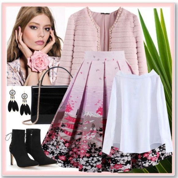 Pink Chinoiserie Pagoda Floral Blush Pink Pleated Flared Midi Skirt - XS - Picture 3 of 12